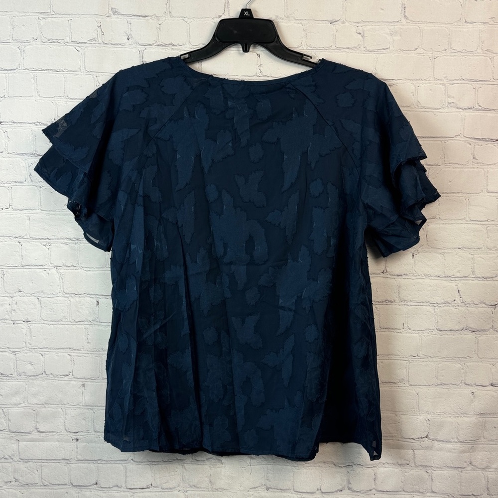 BloomChic Blue Floral Sheer Overlay Double Ruffle Sleeve Top Size Large 12 - Picture 9 of 9